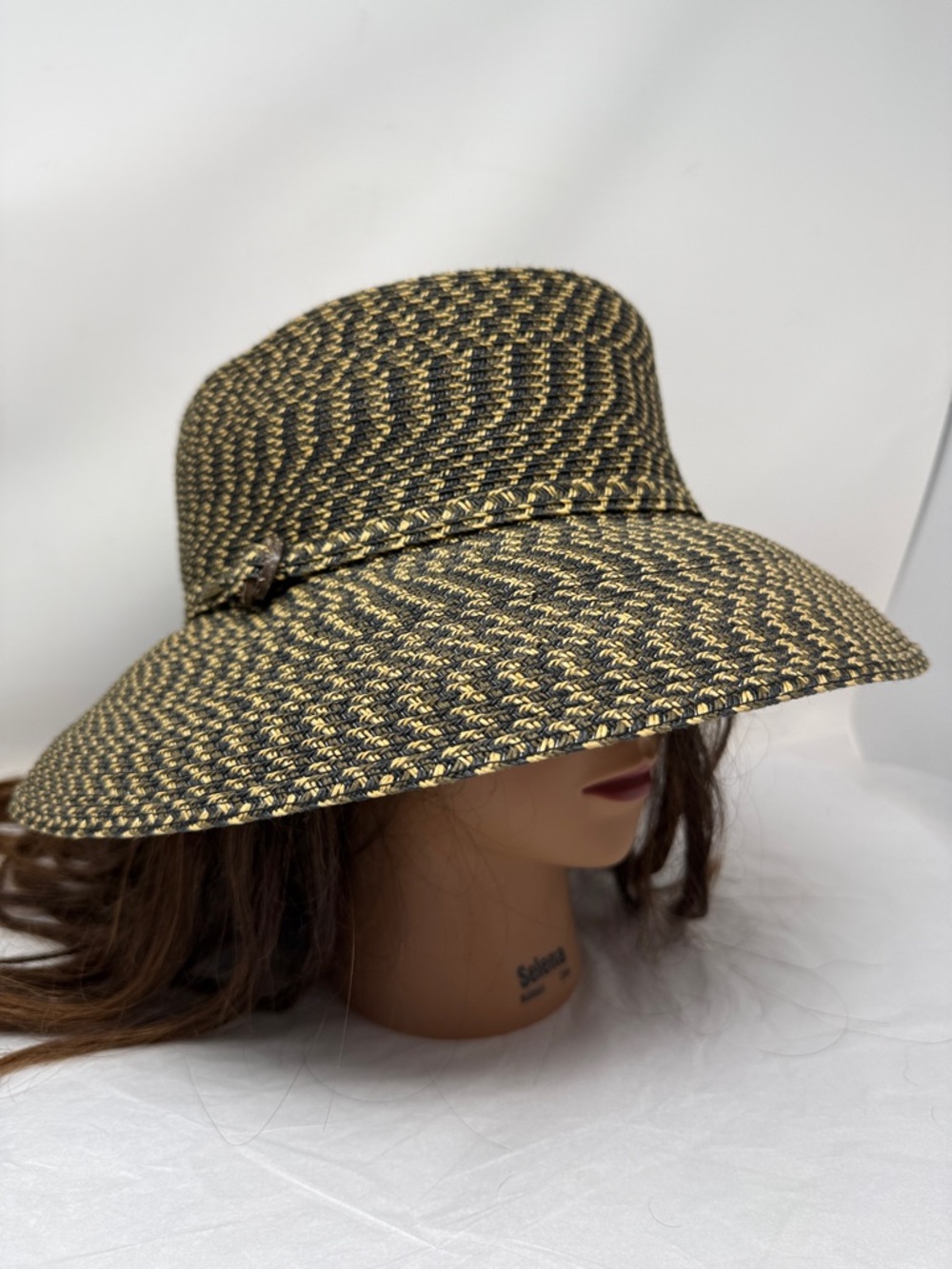 Scala Black Tan Woven Sun Hat Wide Brim Resort Beach Hat OS Coastal Grandma